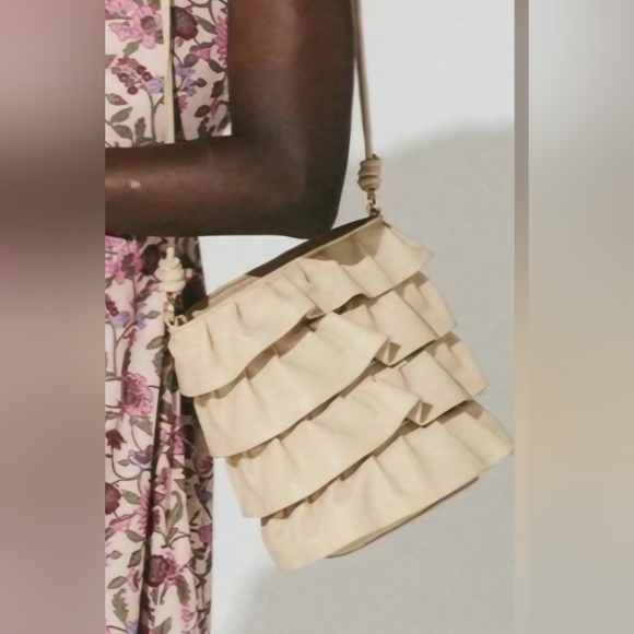 Cleobella Handbags - Cleobella Cambria Ruffle Bucket Shoulder Bag- In Beige